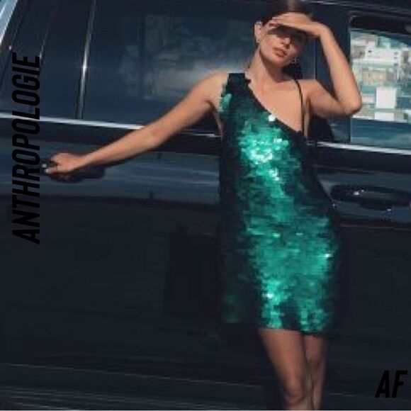 ANTHROPOLOGIE BY MAEVE ONE SHOULDER SEQUINED MINI DRESS EMERALD NEW LARGE - Picture 4 of 7
